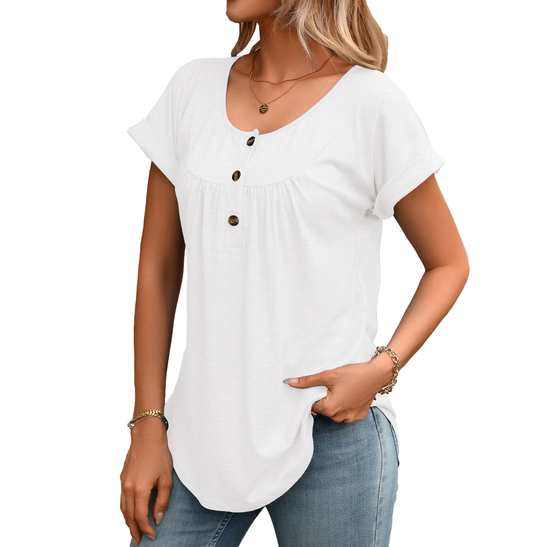 Women Solid Color Crew Neck Button Short Sleeve T-Shirt