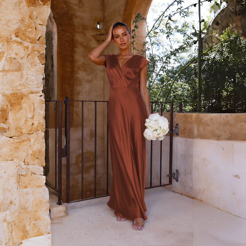 Women Satin Solid Color V-Neck Sexy Fishtail Dress Party Dress Long Dress