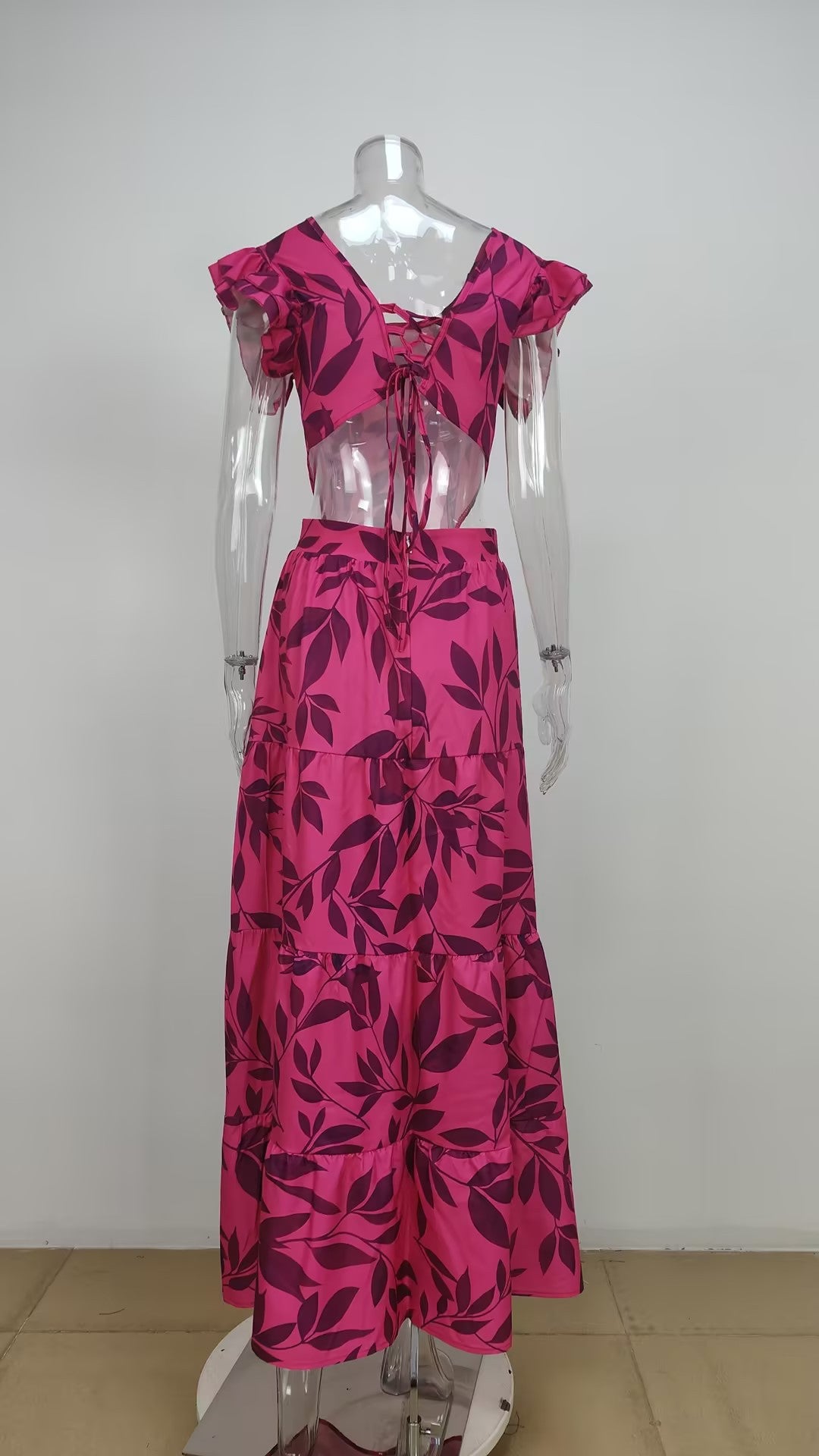 Womens Lotus Leaf Sleeve Print Long Dress