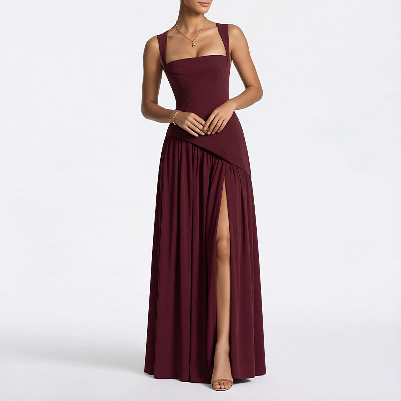 Women's Summer Elegant Slim Fit Solid Color Waist Split Dress
