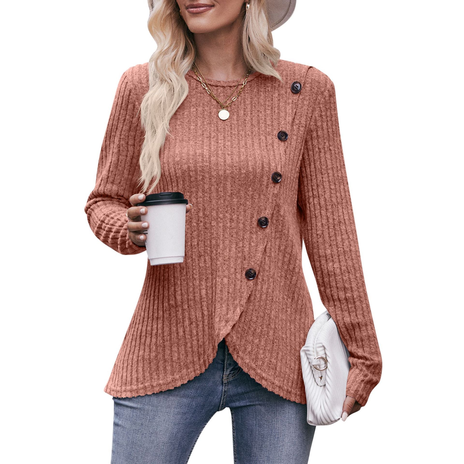 Women's Crew Neck Bottom Solid Color Button T-Shirt