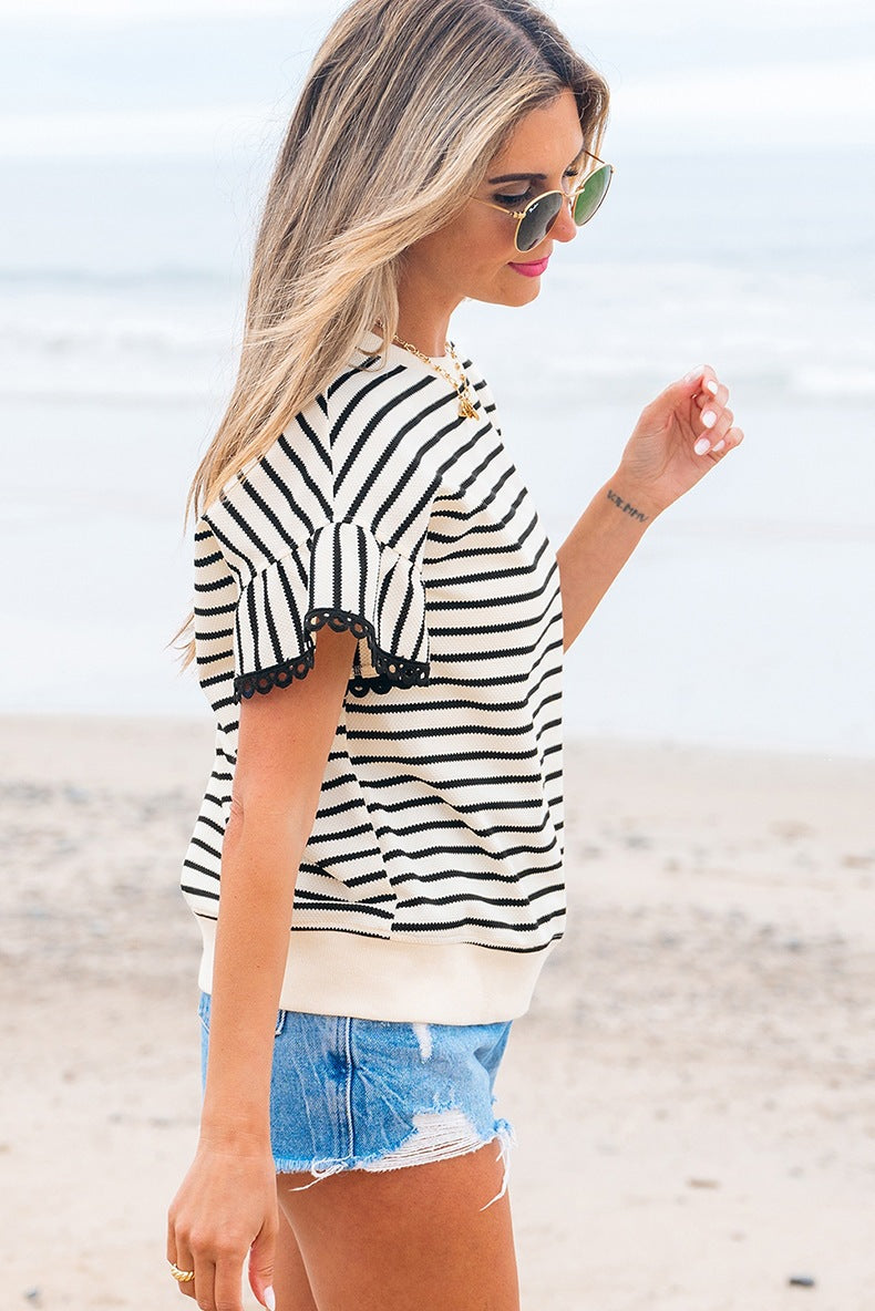 Womens Short Sleeve T-Shirt Striped Crew Neck Pullover