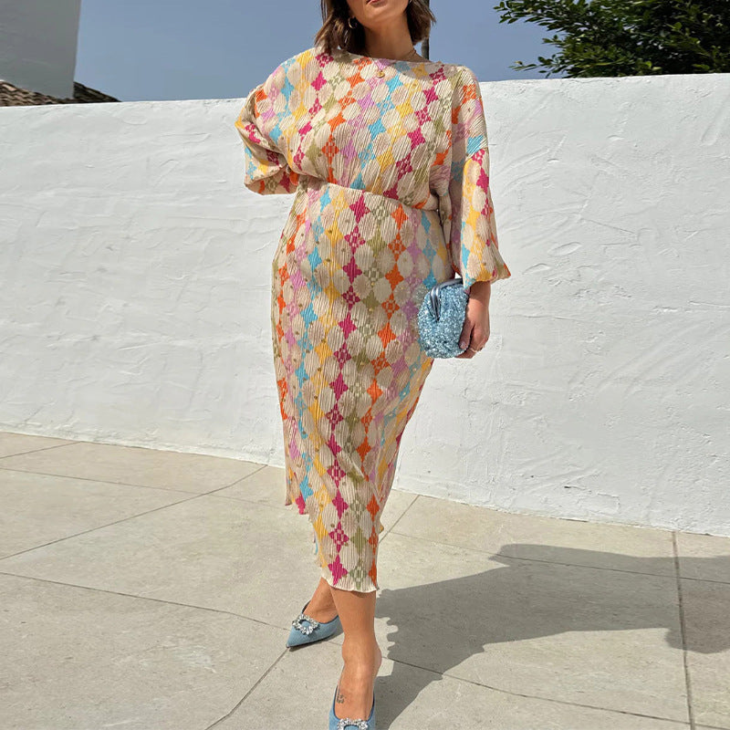 Women's Printed V-Neck Lantern Sleeve Dress