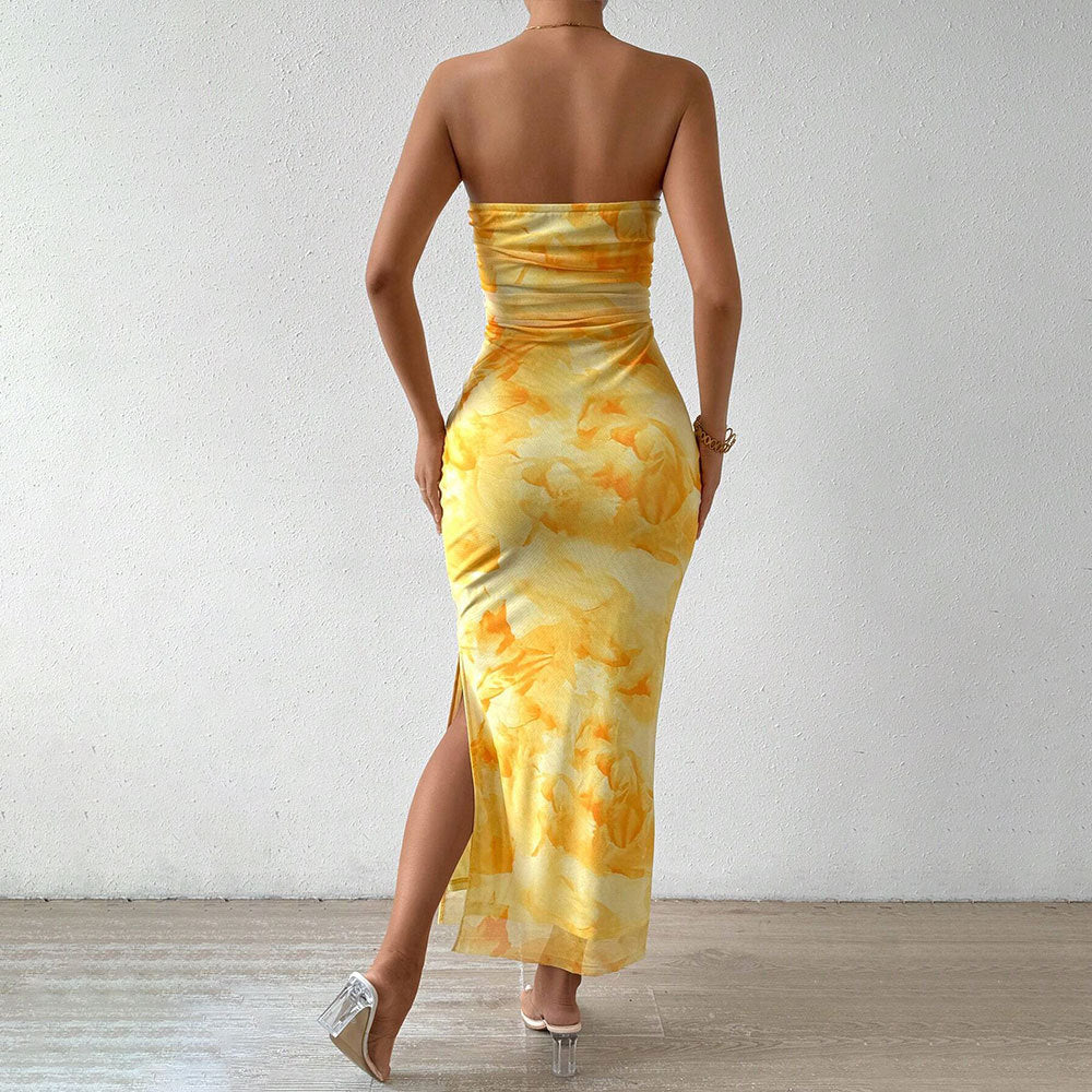 Printed High-waisted Slim Slit Tube Bodycon Dress