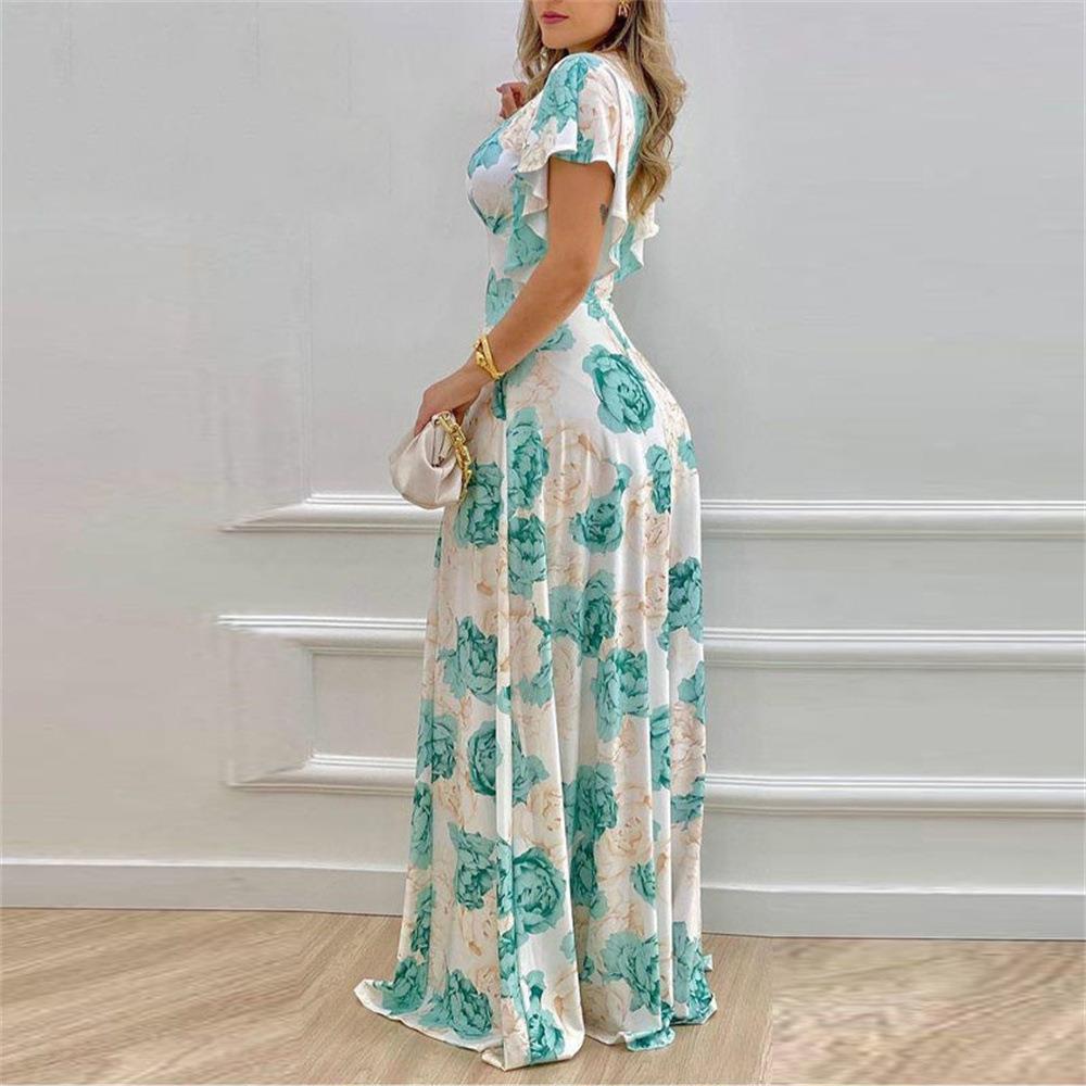 Women's Elegant V-neck Slim-fitting Flower Print Dress