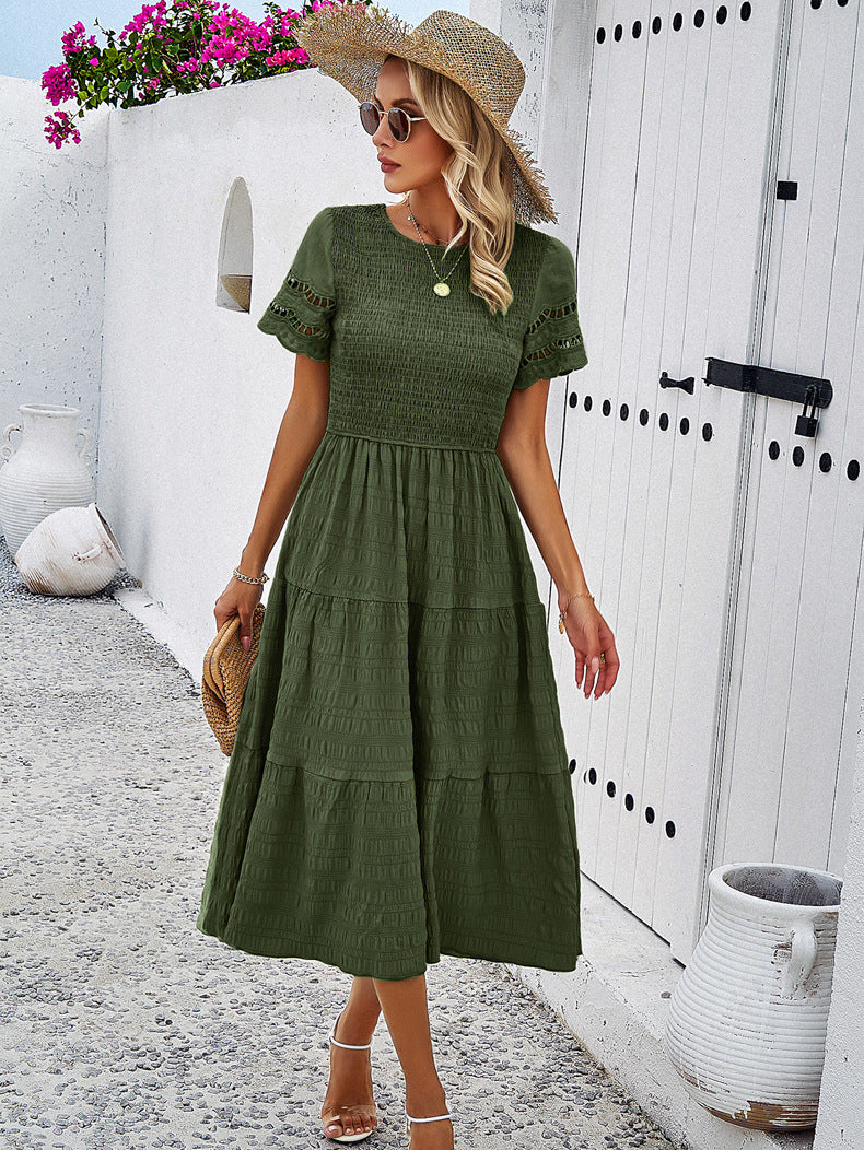 Solid Color Short-sleeved Cut-out Dress for Women