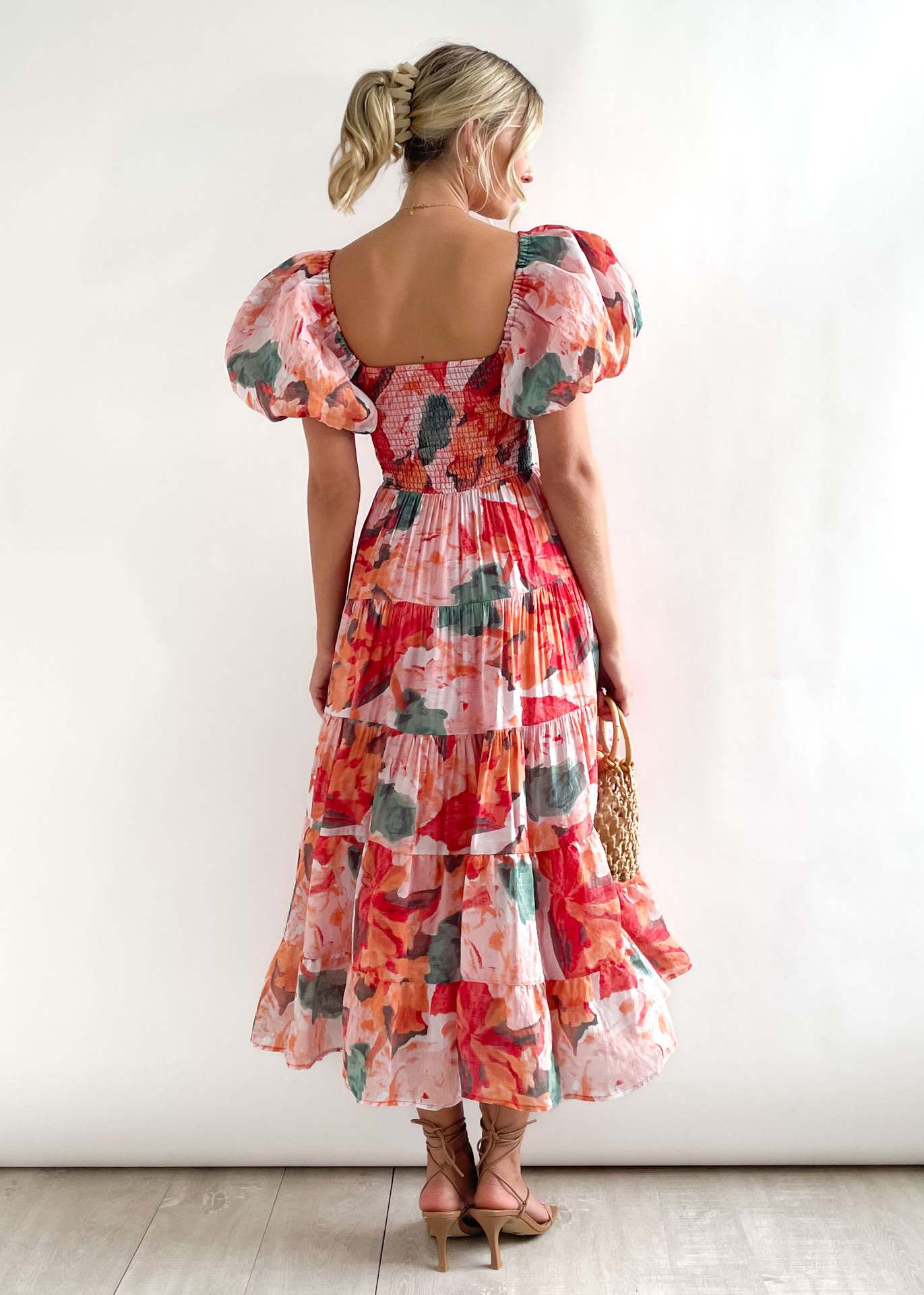 Women Bubble Sleeve Holiday Skinny Long Dress High Waist Shoulder Print Dress