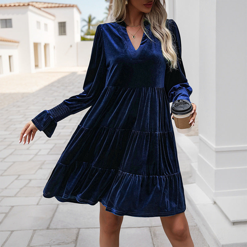 Woemn Long Sleeve Solid Color Velvet Dress