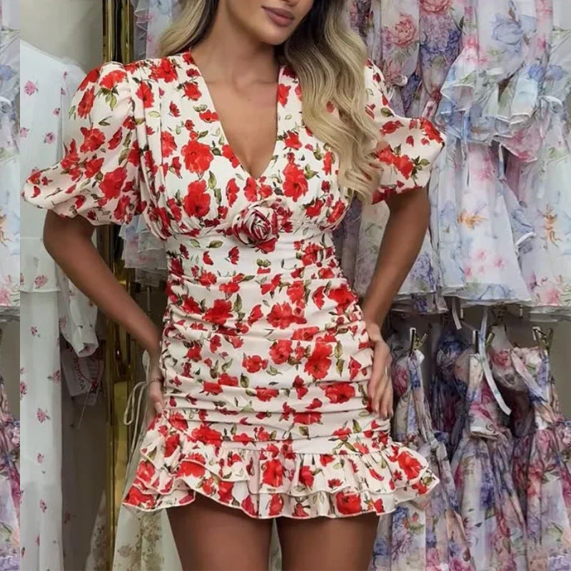 Womenv V Neck Print Ruffle Dress