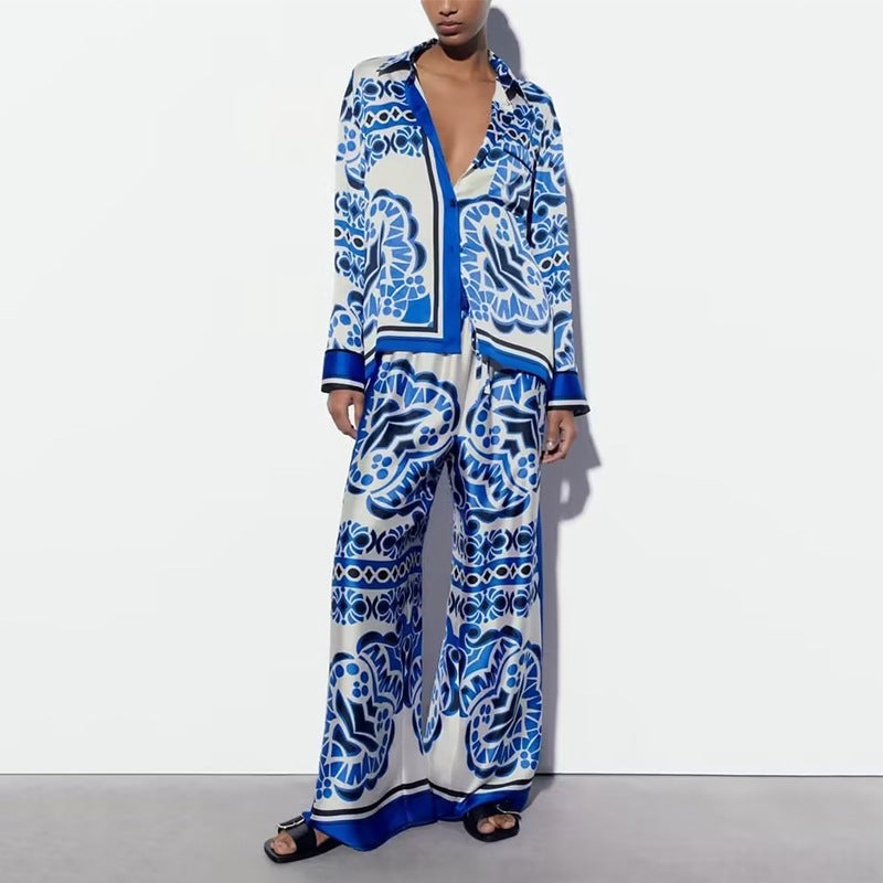 Women's Printed Button Blouse Pants Set