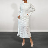 Elegant Fishtail Dress Long Sleeve Lace Solid Color Dress
