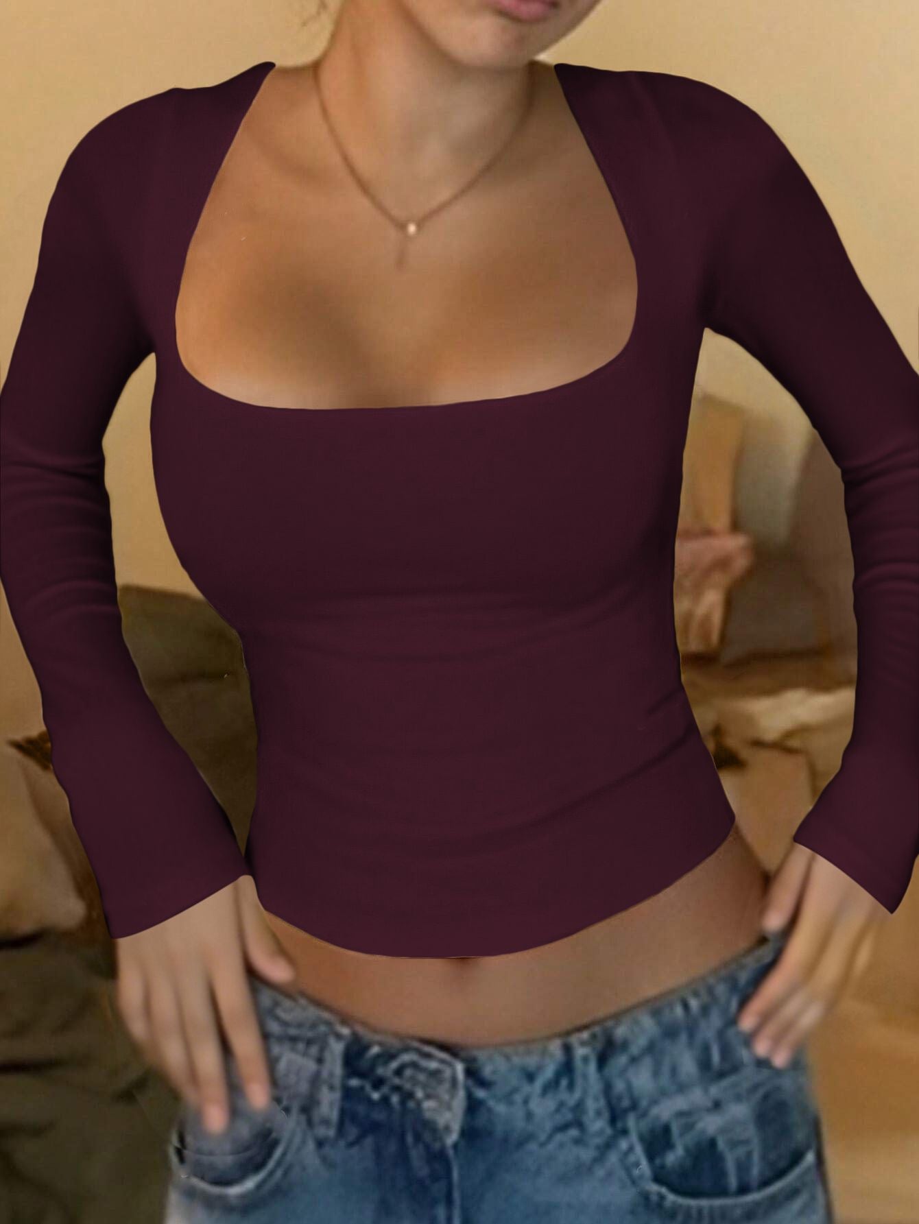 Women's Long-sleeved Slim-fit U-neck T-shirt Y2K