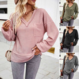 Women's Casual V Neck Ribbed Knitted Shirts Pullover Tunic Tops Loose Balloon Sleeve Solid Color Blouses Top