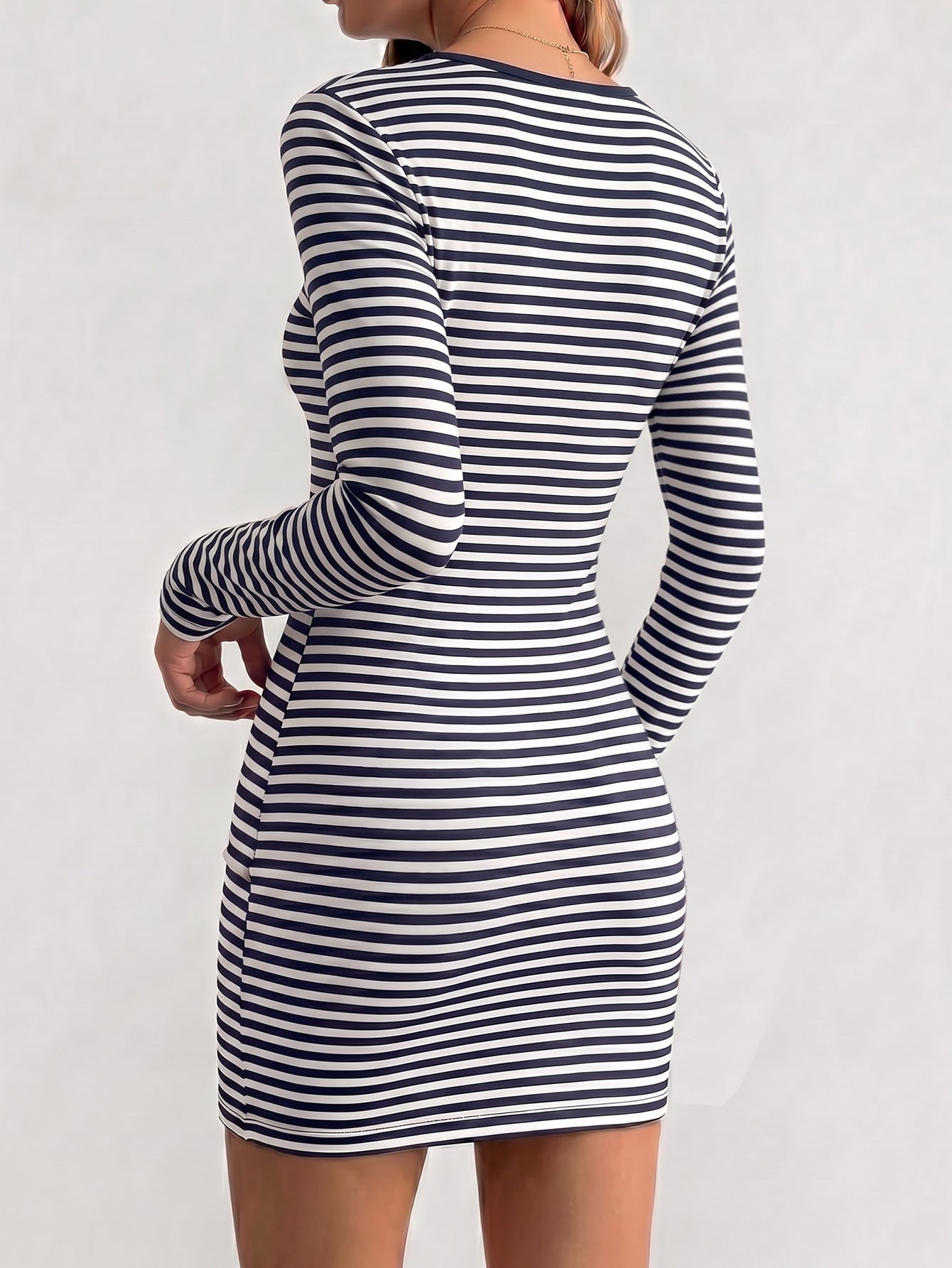 Womens Crew Neck Retro Striped Hip Wrap Dress