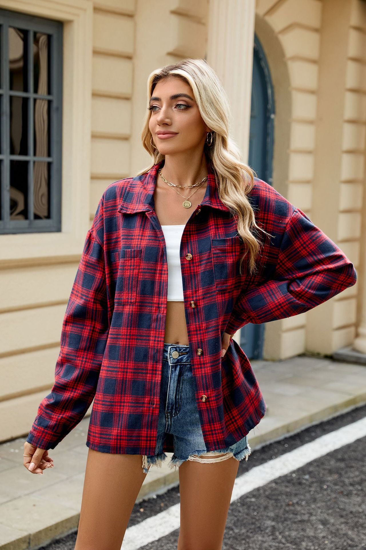 Lapel Long Sleeve Pocket Button Plaid Shirt Top Women