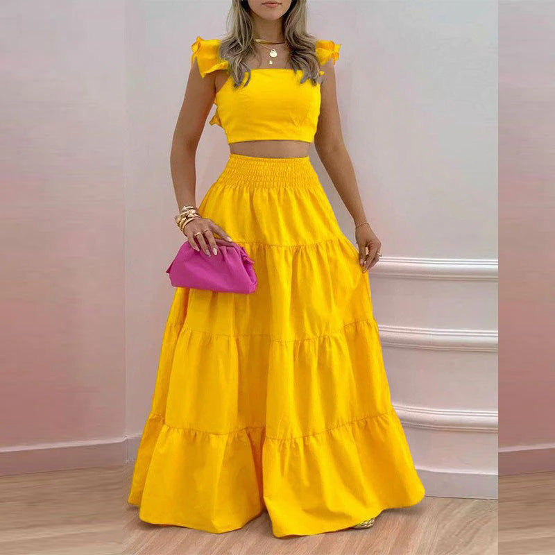 Sexy Daily Casual Solid Color Splicing Suspender Skirt Set