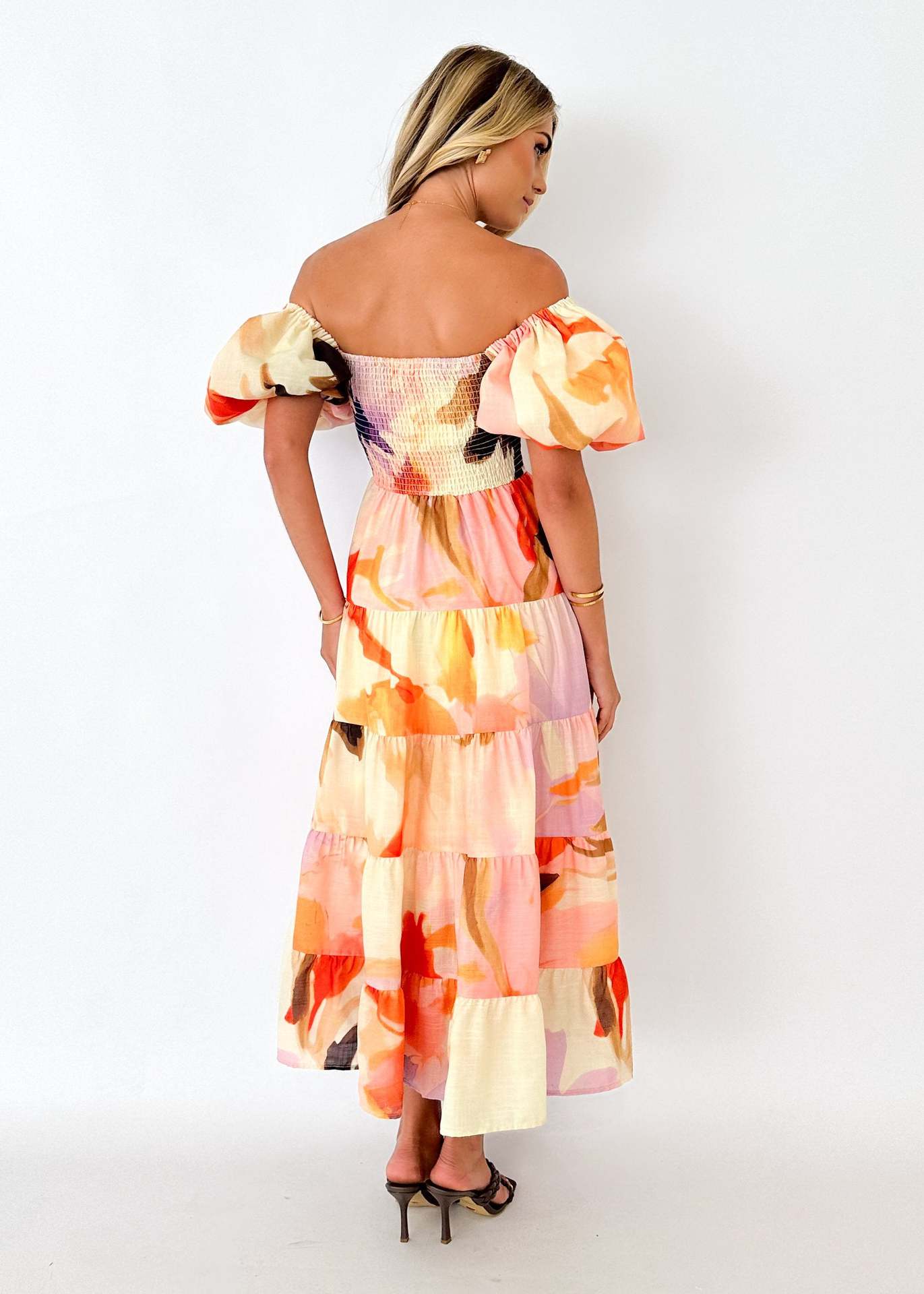Women Bubble Sleeve Holiday Skinny Long Dress High Waist Shoulder Print Dress