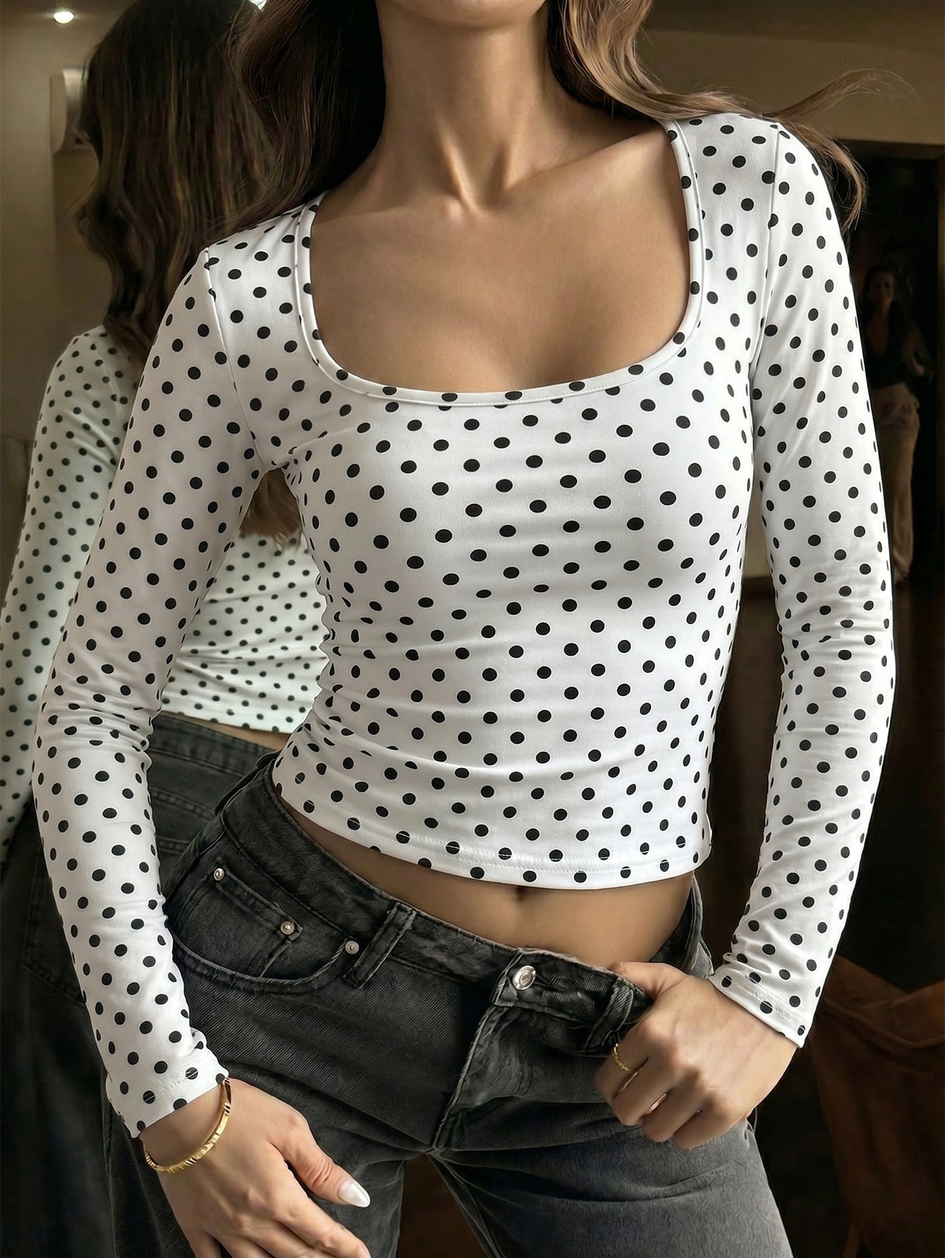 Womens Vintage Polka Dot Square Neck Top