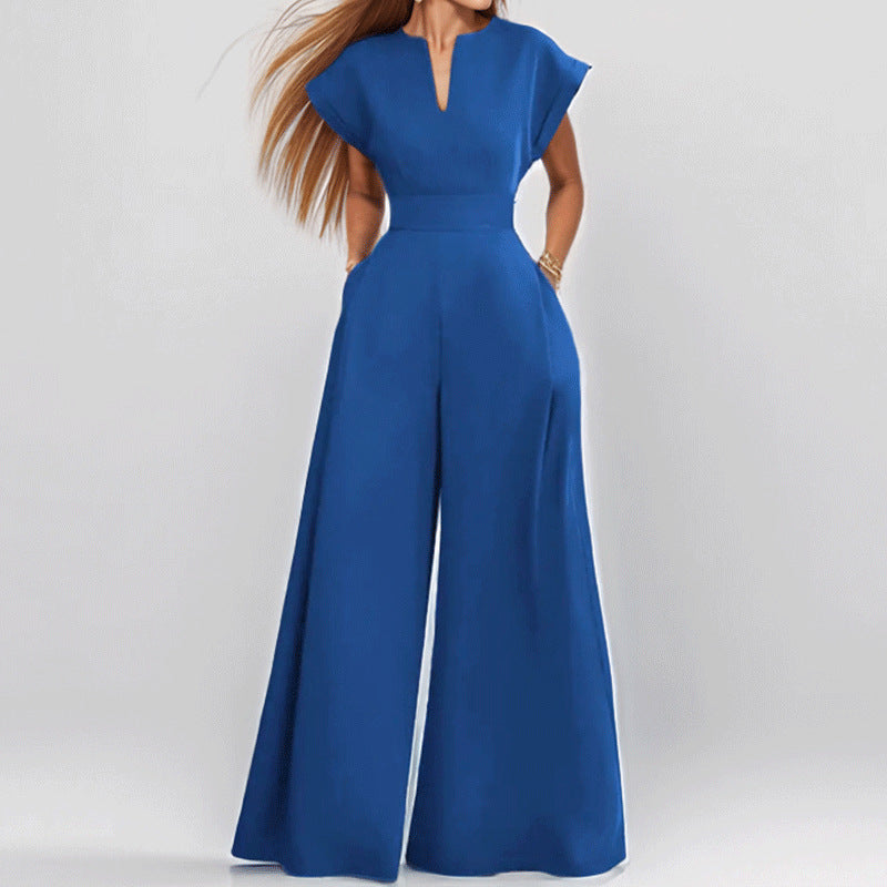 Women's Fashion V-neck Solid Color Slim-fit Wide-leg Jumpsuit
