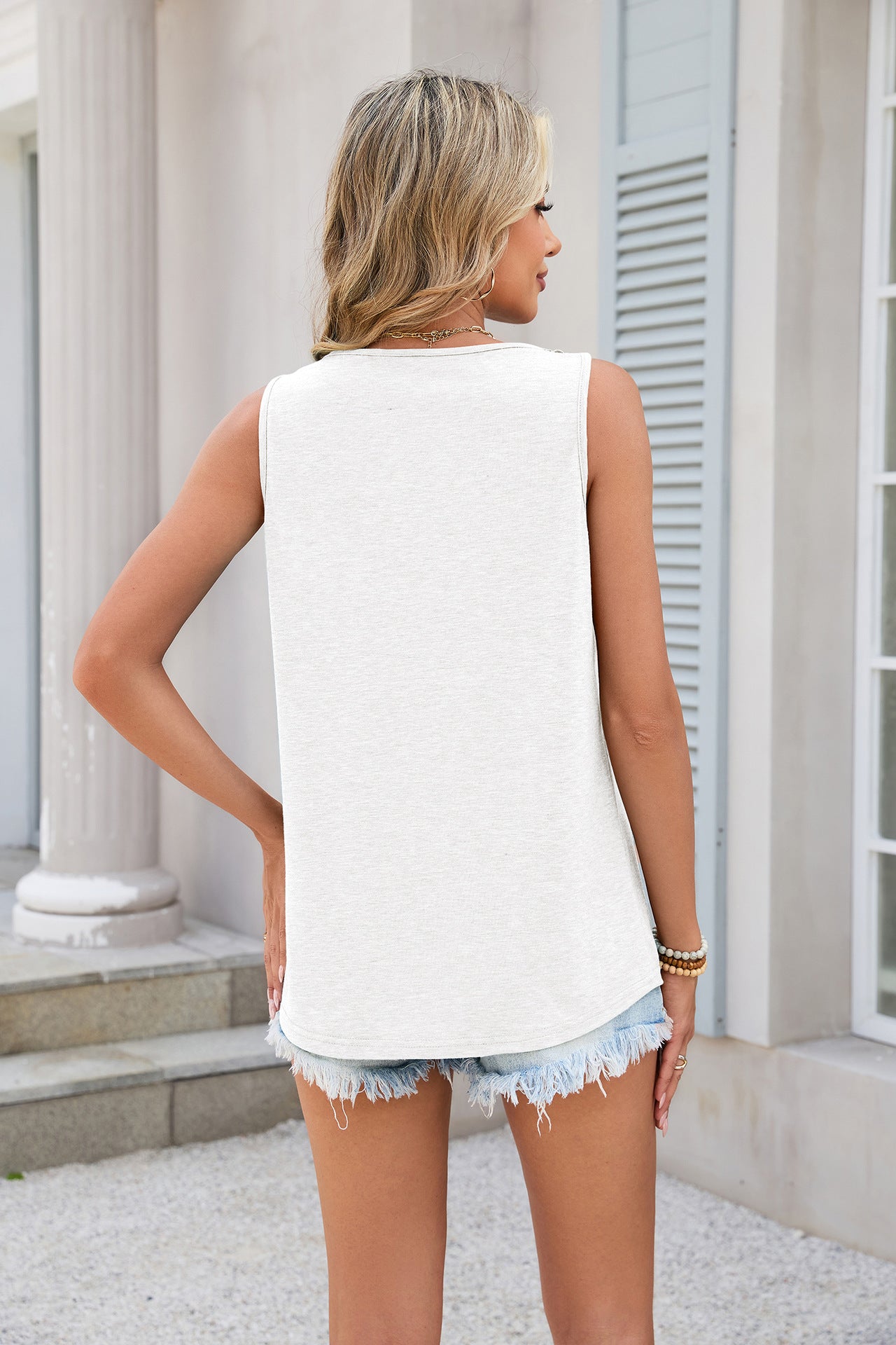 Women Solid Color V-Neck Lace Loose Sleeveless Vest T-Shirt Top