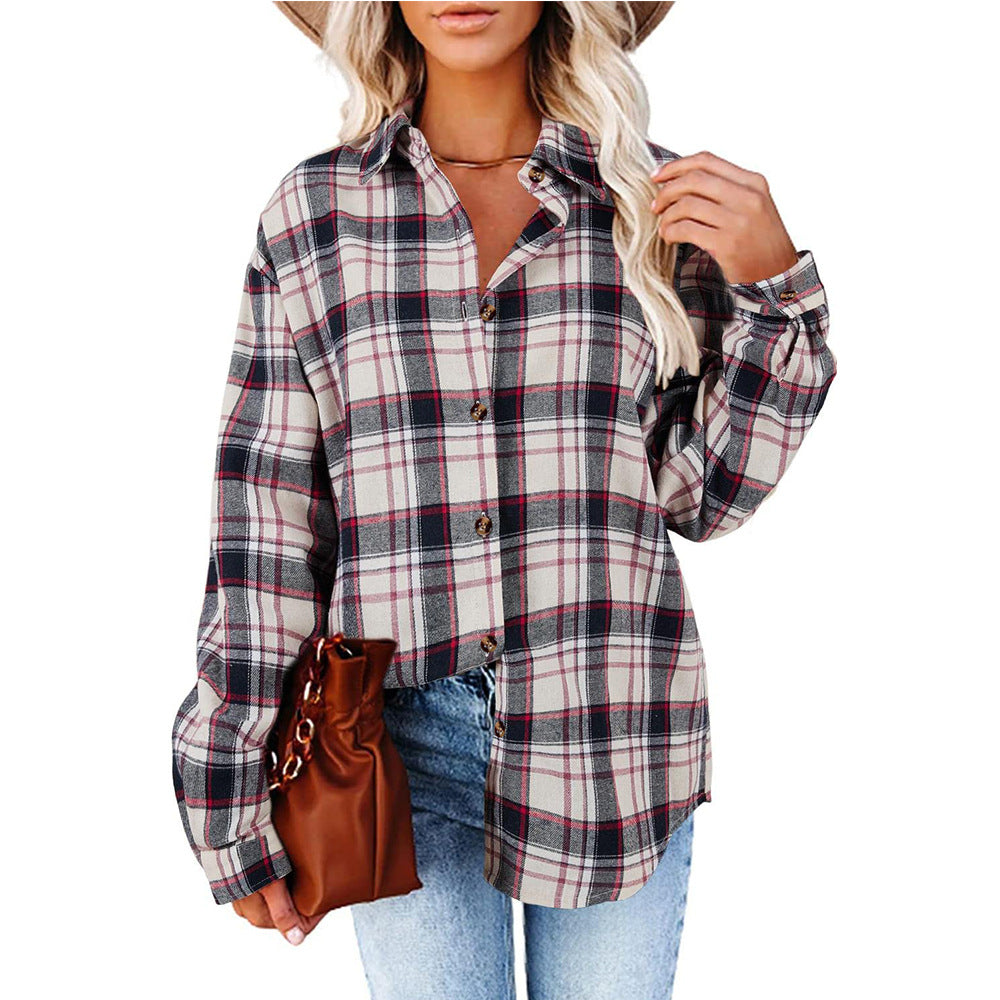 Ladies Casual Loose Boyfriend Plaid Shirt