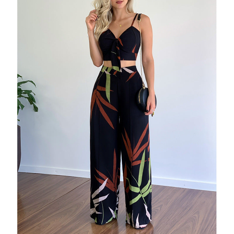 Sexy V-Neck Printed Tank Top Wide Leg Pants Set
