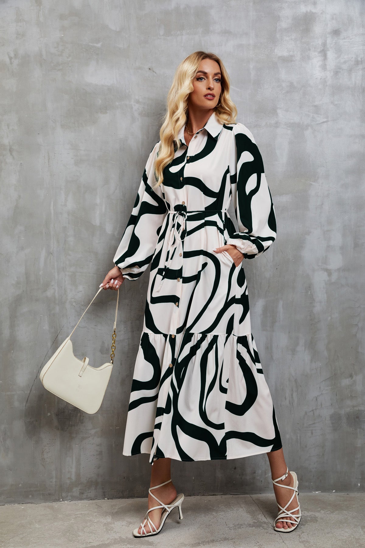 Womens Loose Single-Breasted Long Sleeve Long Dress