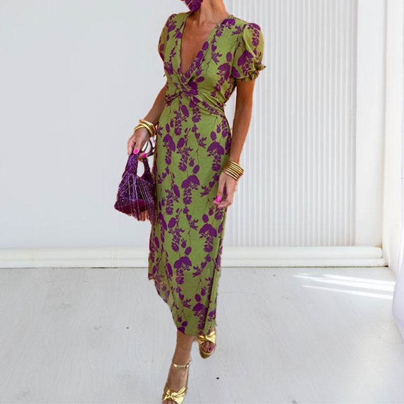 Womens Elegant Printed V-Neck Lantern Sleeve Dress