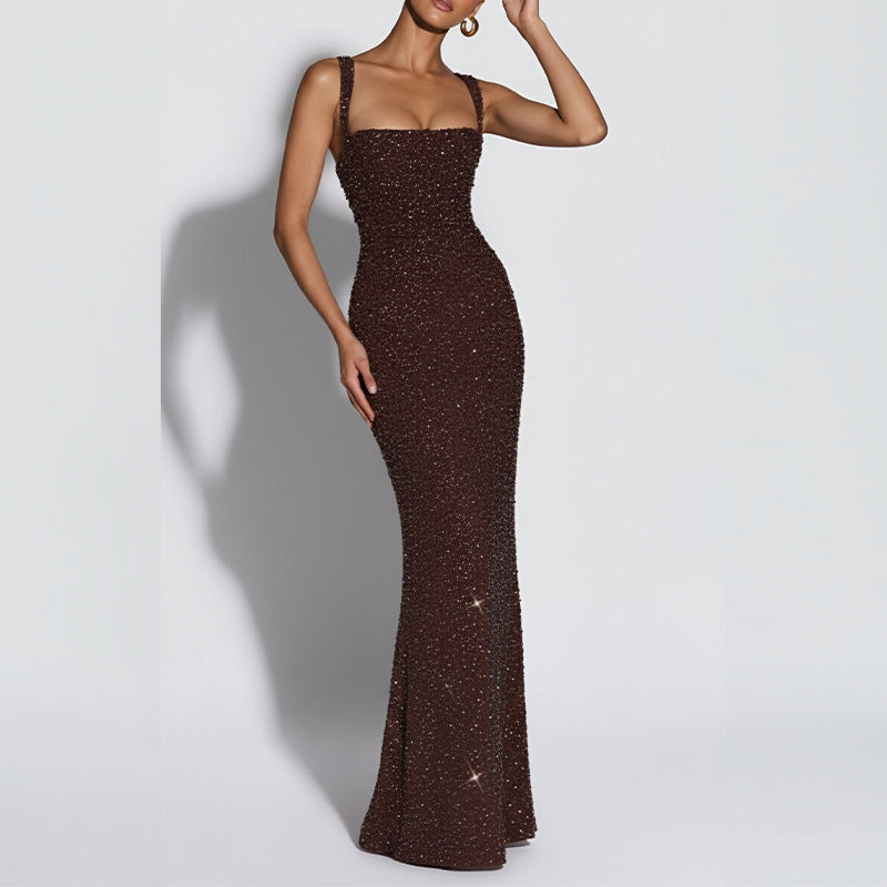 Women Elegant Sexy Square Neck Sequin Slim Fit Dress