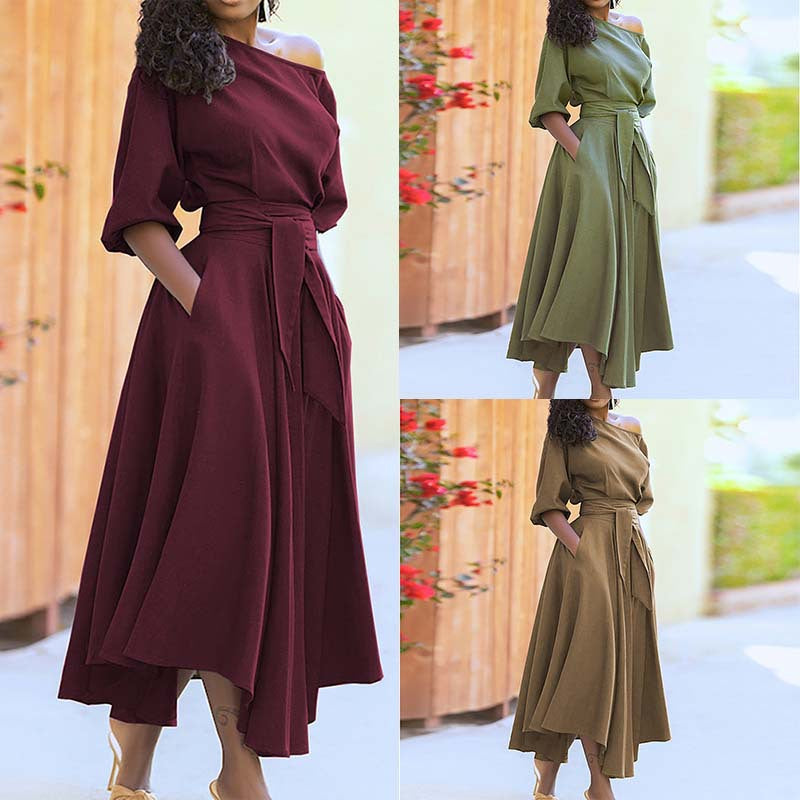Solid Color Slanted Shoulder Strap Waist Dress