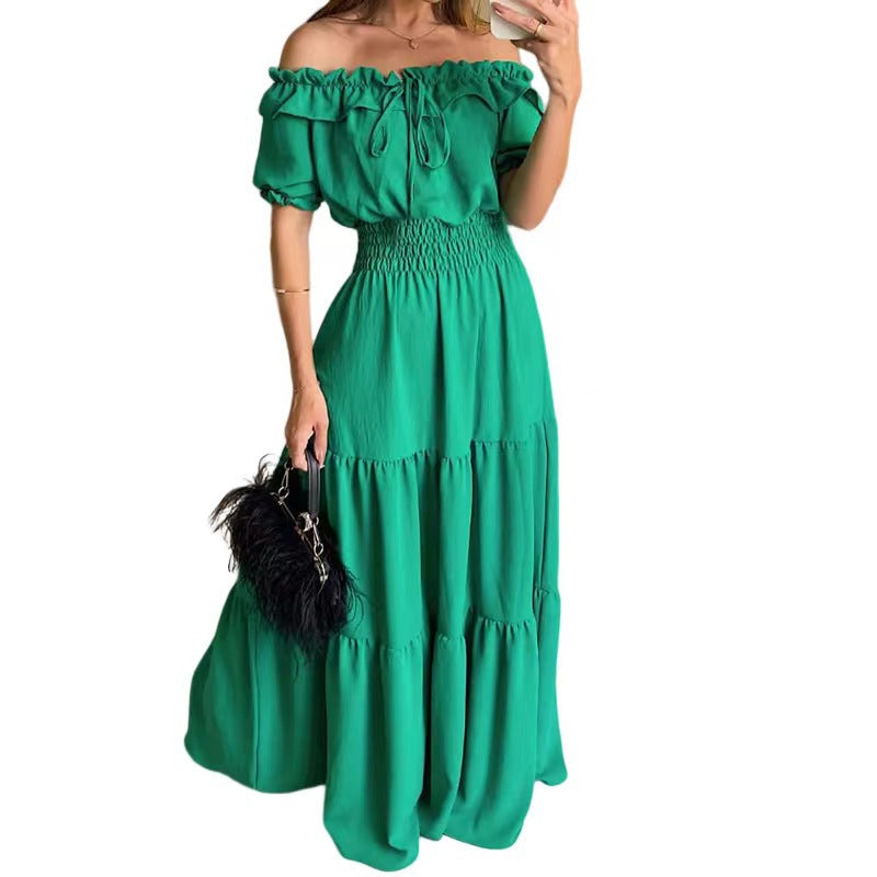 Solid Color Strappy Tube Top Bubble Sleeve Swing Dress