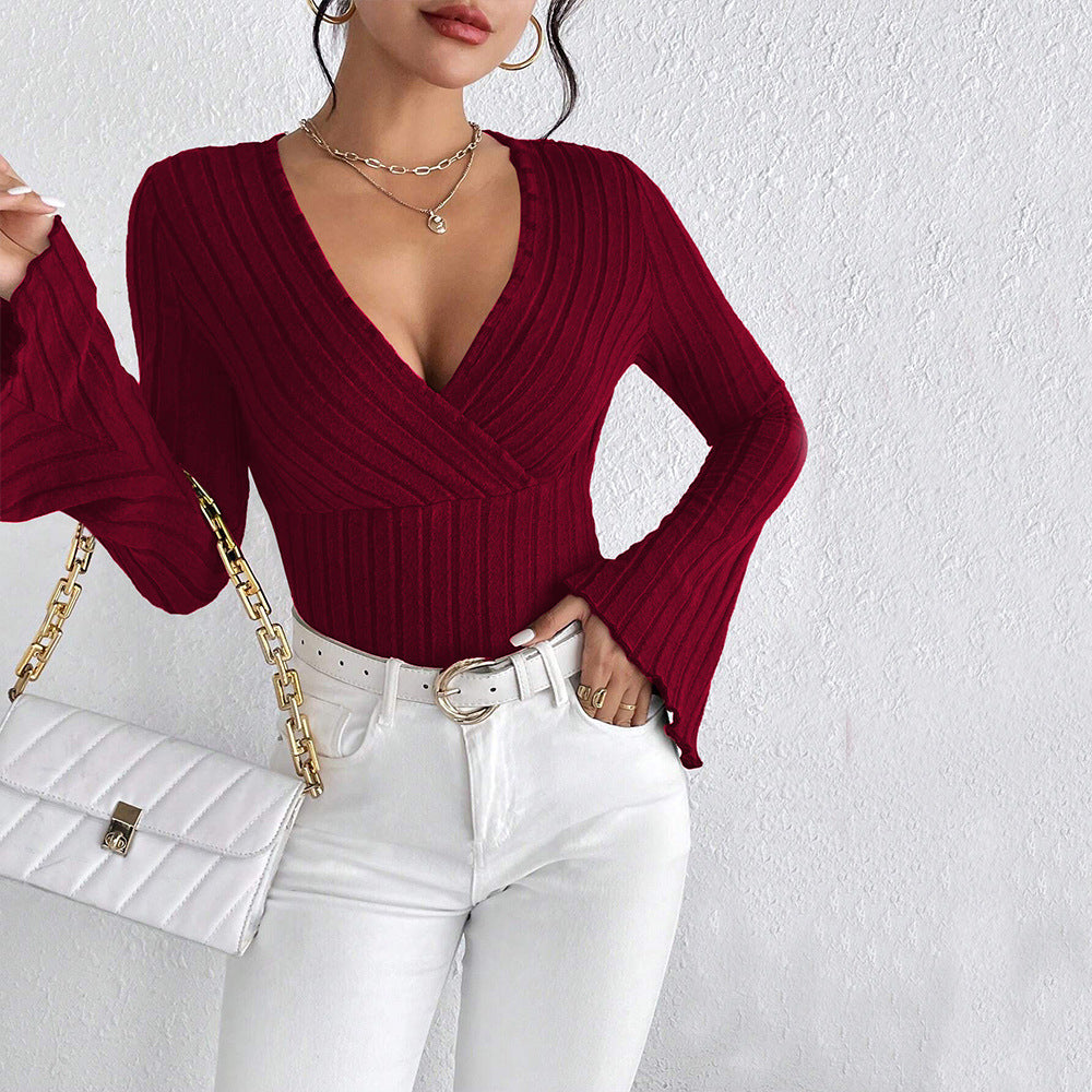 Women's V-Neck Flared Sleeve Slim-Fit Shirt Knitted Top