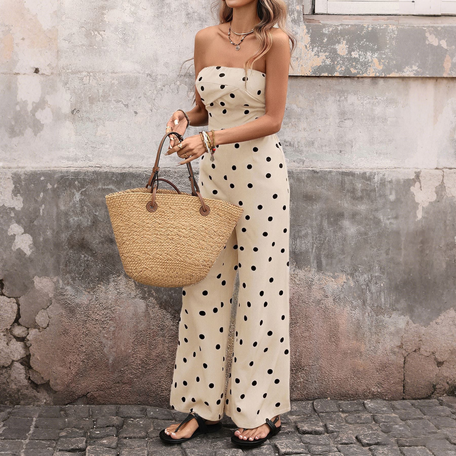 Vintage Polka Dot Tube High Waist Wide Leg Jumpsuit