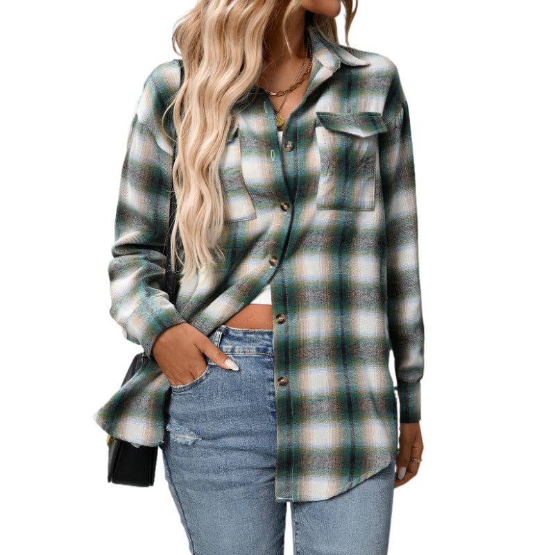 Casual Fashion Loose Plaid Pocket Shirt Women