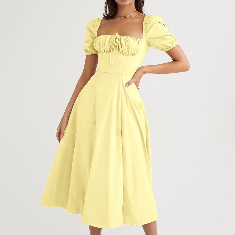 Women Solid Color Bubble Sleeve Strap Dress