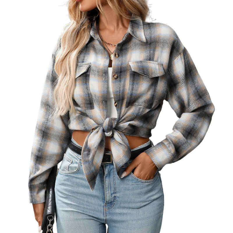 Casual Fashion Loose Plaid Pocket Shirt Women