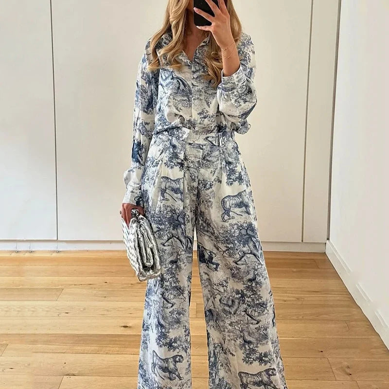 Women Casual Lapel Printed Shirt Pants Set
