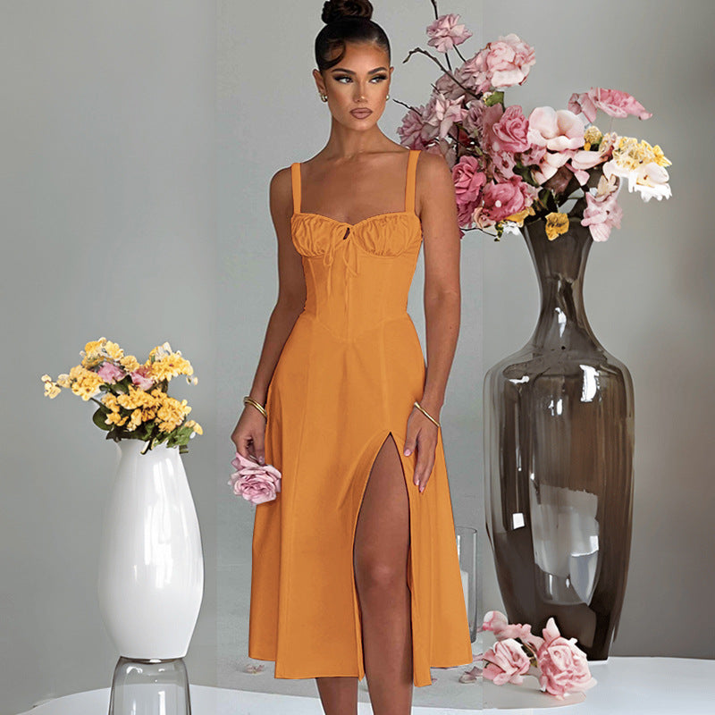 Women's Summer Fashion Casual Lace-up Slim Split Suspender Dress
