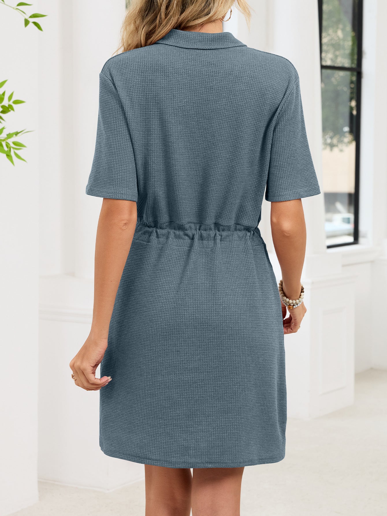 Women's Loose Lapel Short-sleeve Drawstring Pocket Dress