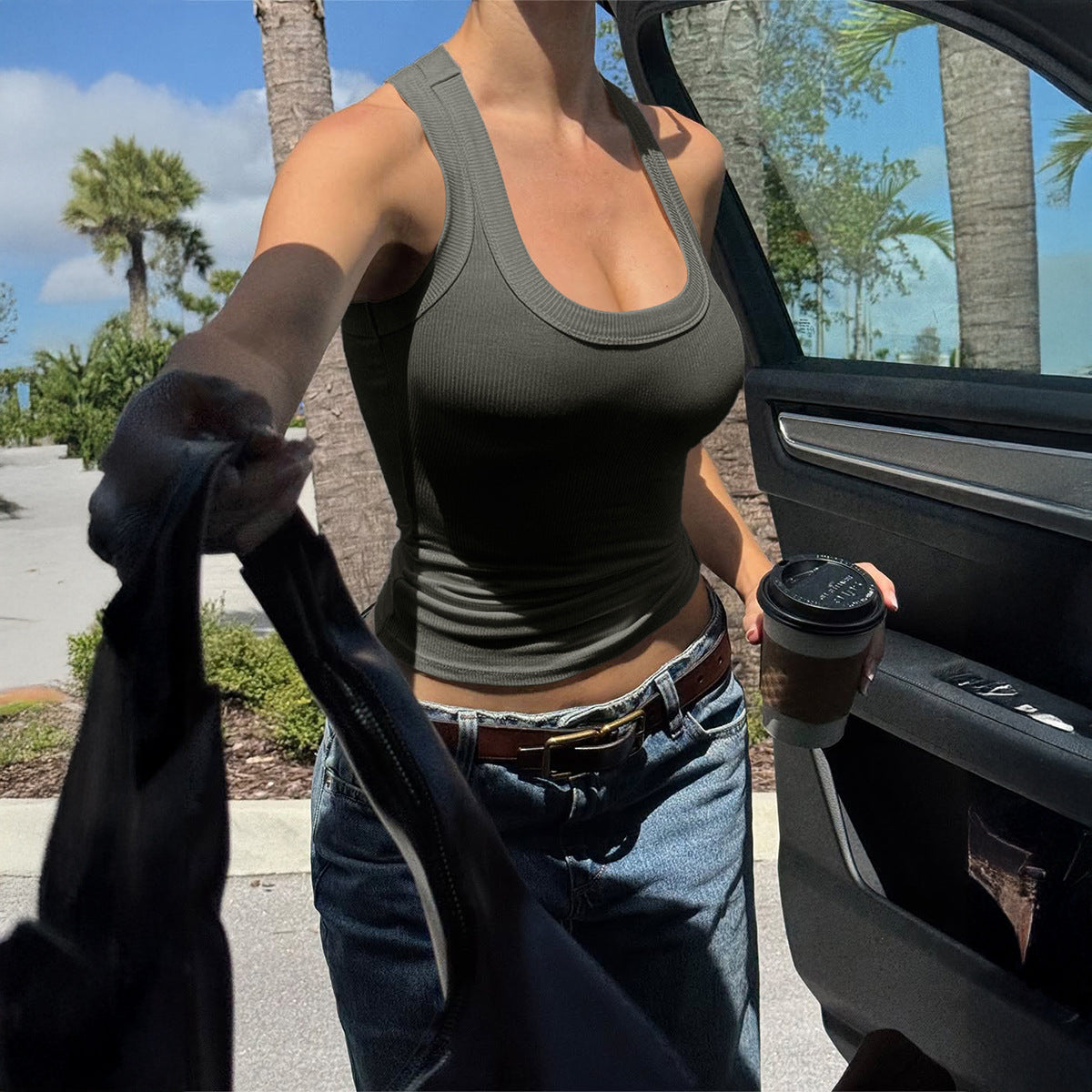 Women Y2K Solid Color Neck T-shirt Top
