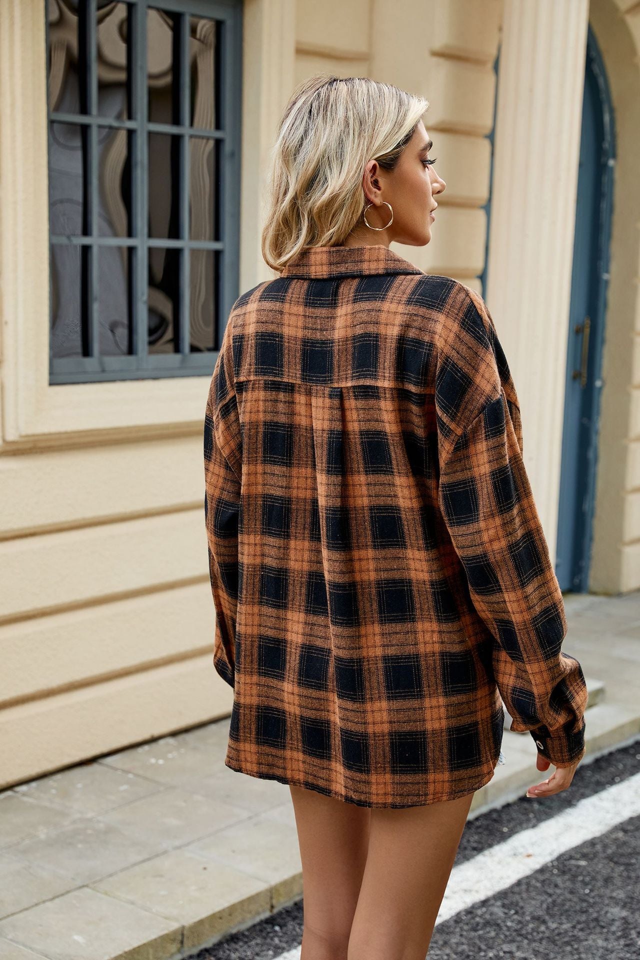 Lapel Long Sleeve Pocket Button Plaid Shirt Top Women