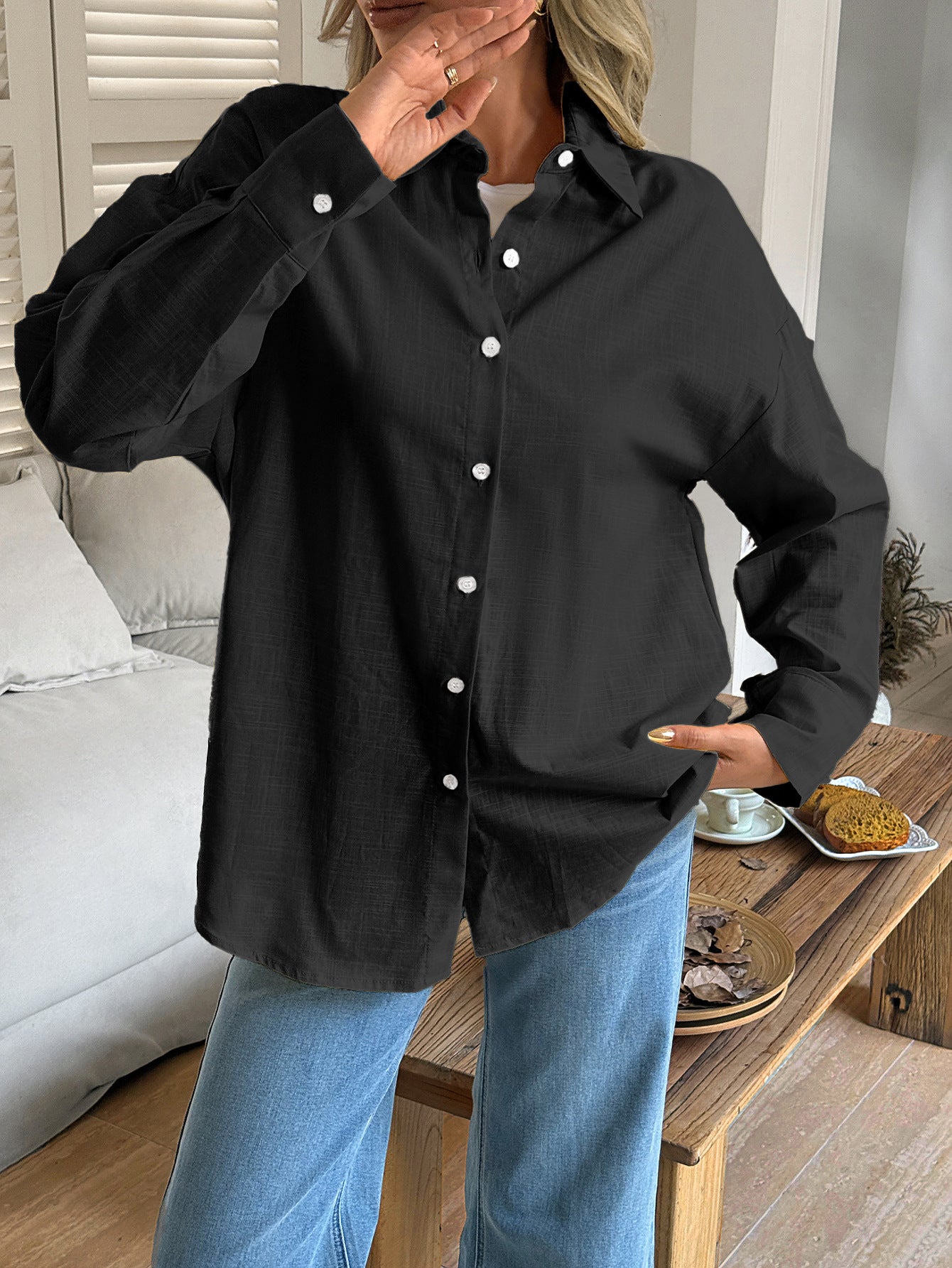 Women's Solid Button V-Neck Long Sleeve Women's Long Sleeve Blouse
