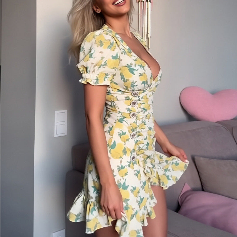 Women V Collar Print Ruffle Dress