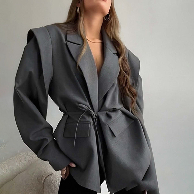 Women's Solid Color Lace-up Suit Collar Coat