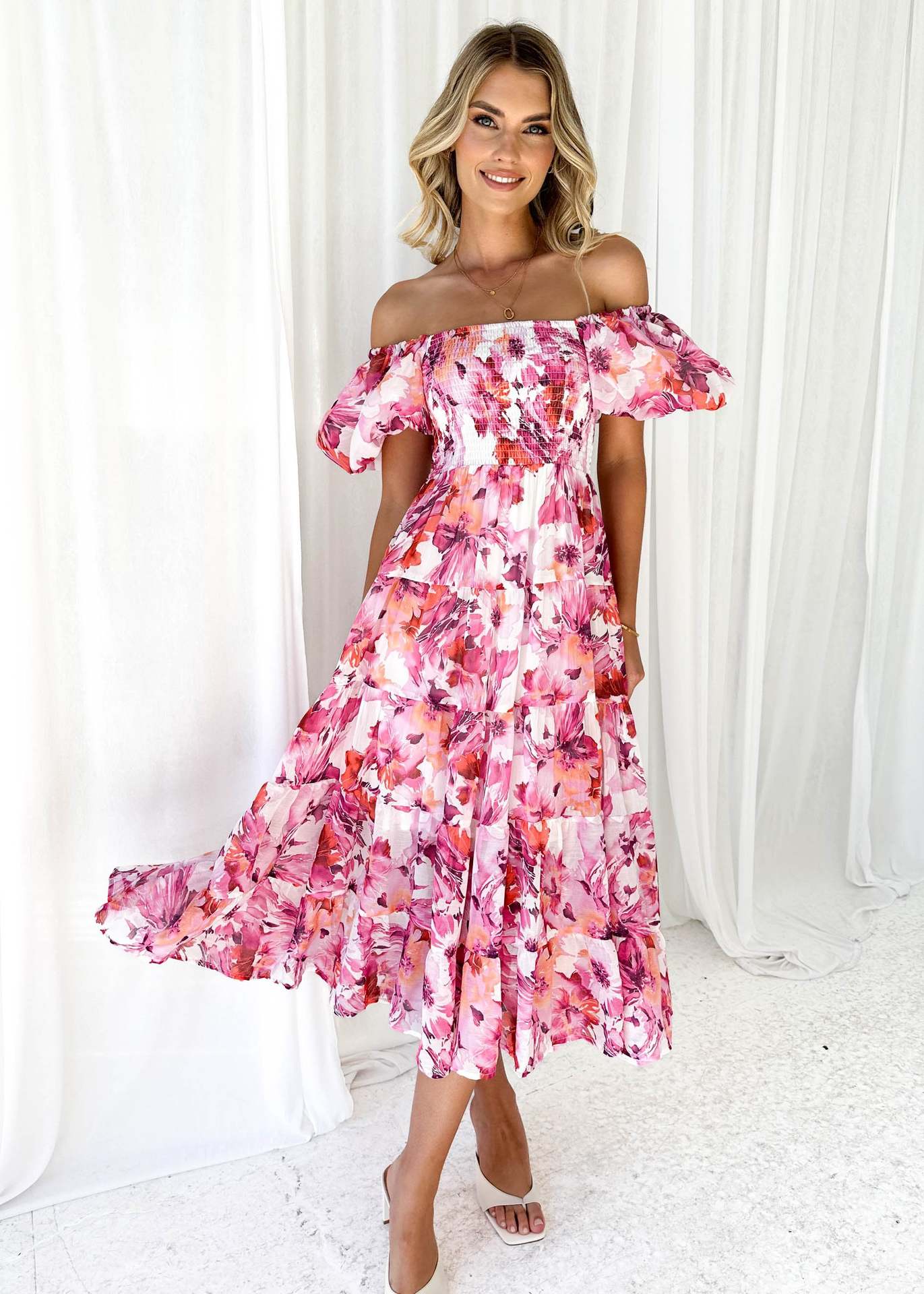 Offshoulder Printed Bubble Sleeve Dress for Women