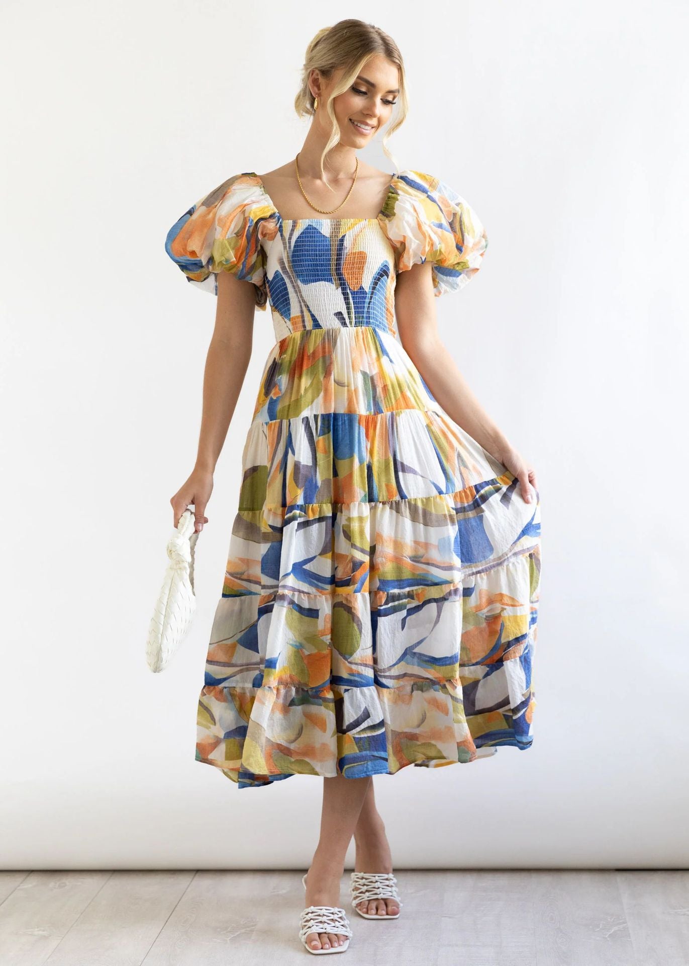 Women Bubble Sleeve Holiday Skinny Long Dress High Waist Shoulder Print Dress