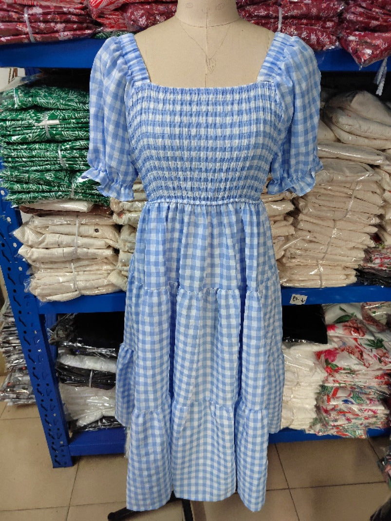 Ladies Plaid Bubble Sleeve Dress