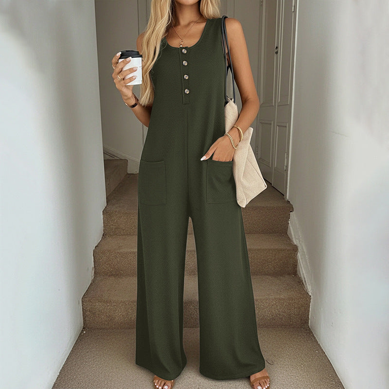 Women's Loose Sleeveless Solid Color Pocket Button Jumpsuit