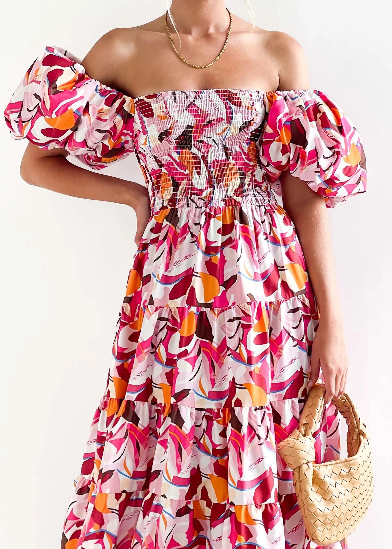 Women Bubble Sleeve Holiday Skinny Long Dress High Waist Shoulder Print Dress
