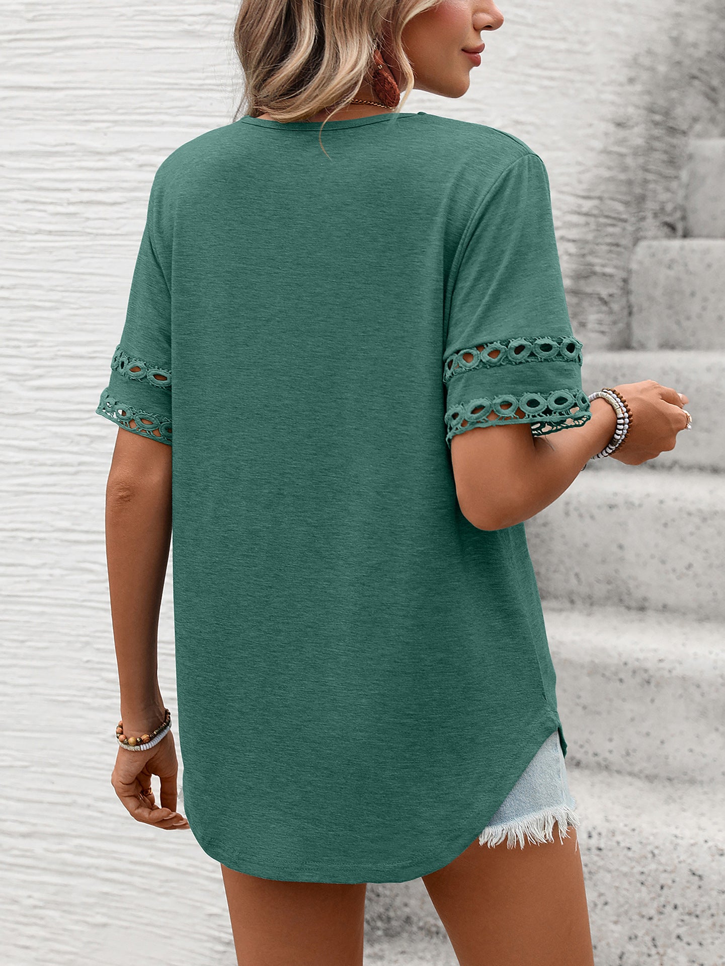 Women Solid Color V-Neck Lace Splicing Short Sleeve Loose T-Shirt Top